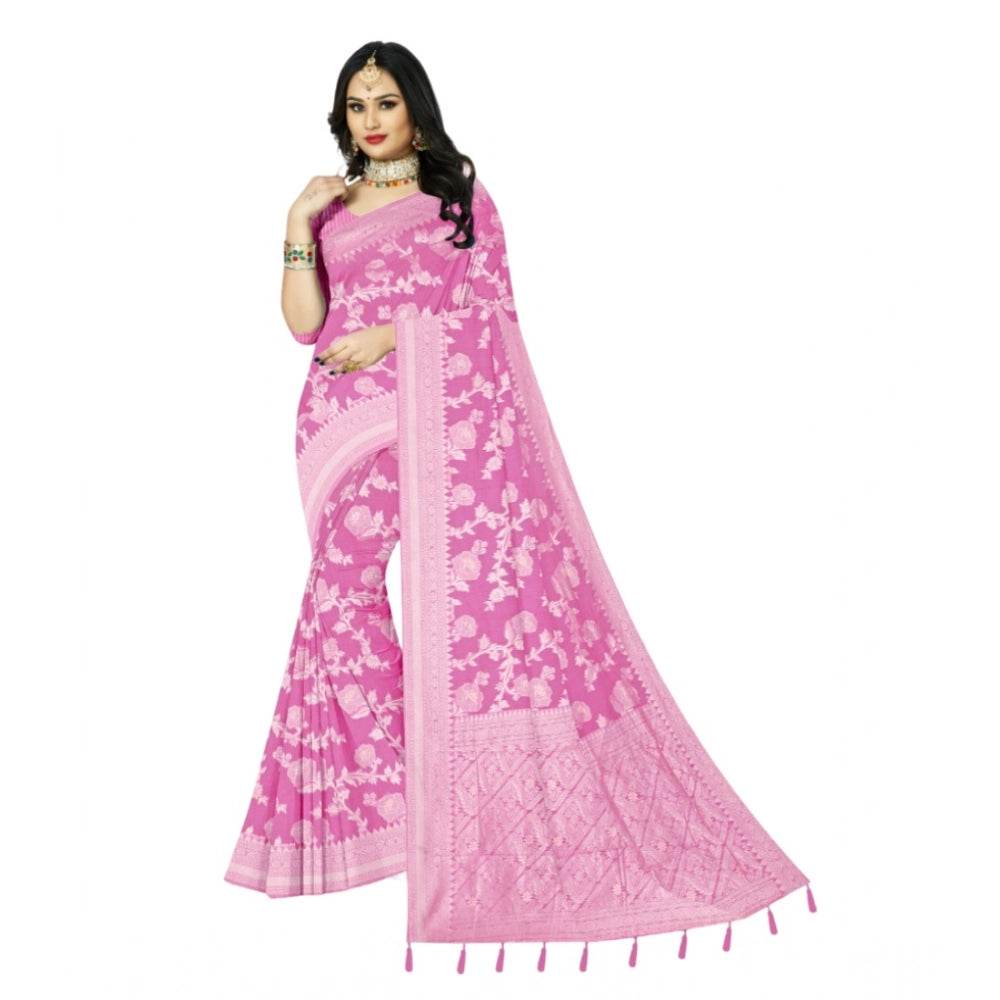 Generic Women's Cotton Printed Saree With Unstitched Blouse 5.5Mtr (Pink) - MYLUXURY LANE ENTERPRISE