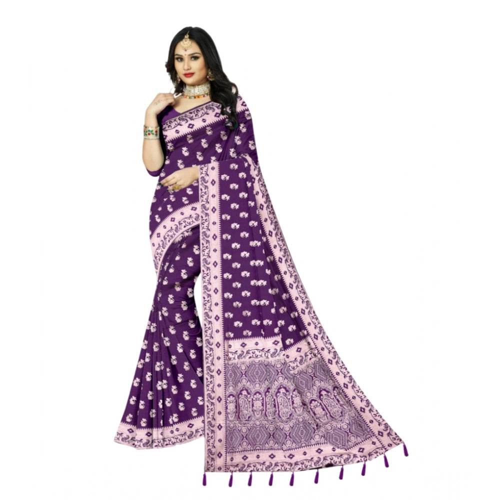 Generic Women's Satin Printed Saree With Unstitched Blouse 5.5Mtr (Purple) - MYLUXURY LANE ENTERPRISE