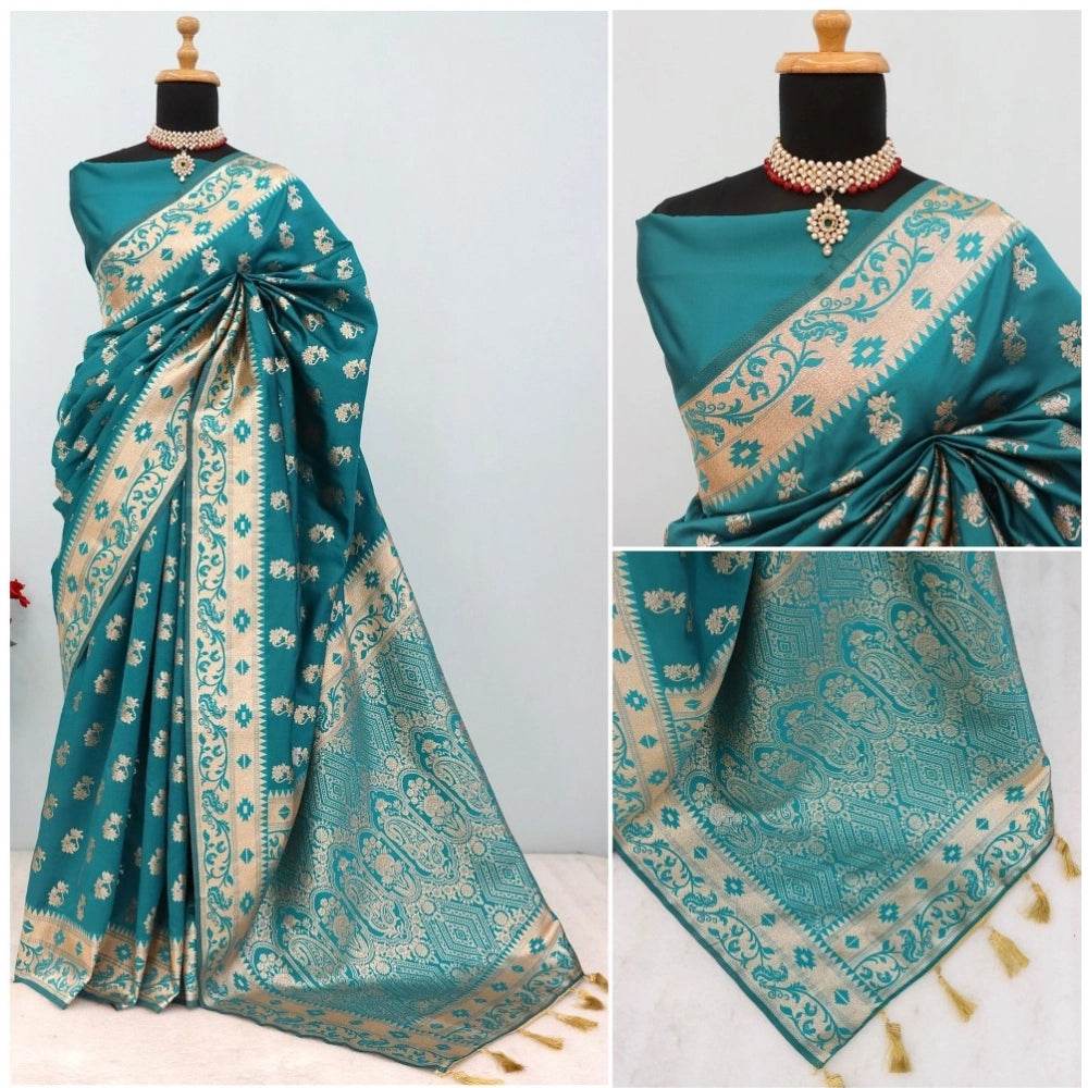 Generic Women's Satin Printed Saree With Unstitched Blouse 5.5Mtr (Rama) - MYLUXURY LANE ENTERPRISE