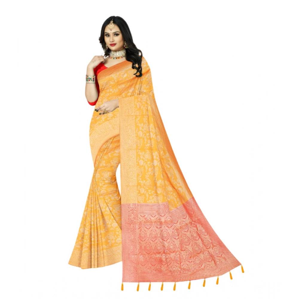 Generic Women's Banarasi Printed Saree With Unstitched Blouse 5.5Mtr (Yellow) - MYLUXURY LANE ENTERPRISE