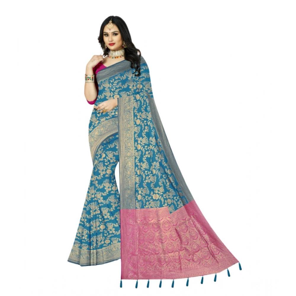 Generic Women's Banarasi Printed Saree With Unstitched Blouse 5.5Mtr (Aqua Blue) - MYLUXURY LANE ENTERPRISE