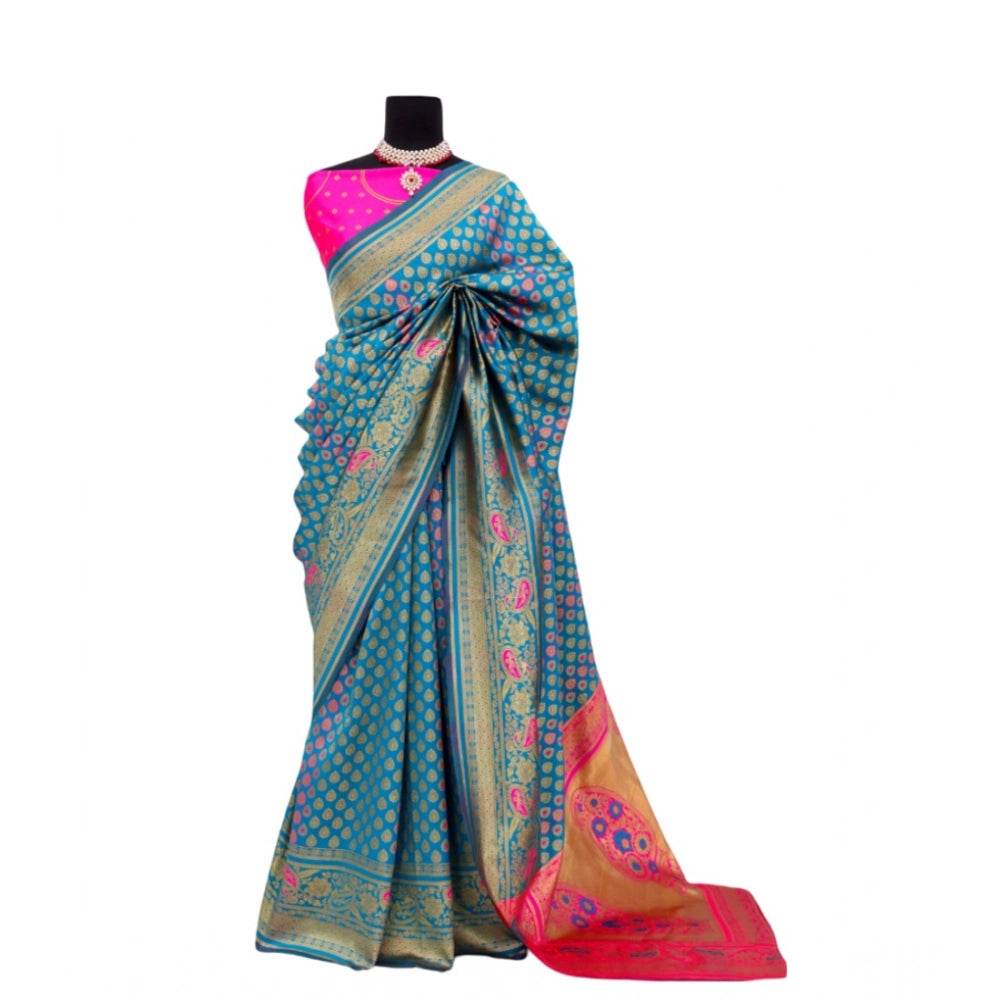 Generic Women's Banarasi Printed Saree With Unstitched Blouse 5.5Mtr (Aqua Blue) - MYLUXURY LANE ENTERPRISE
