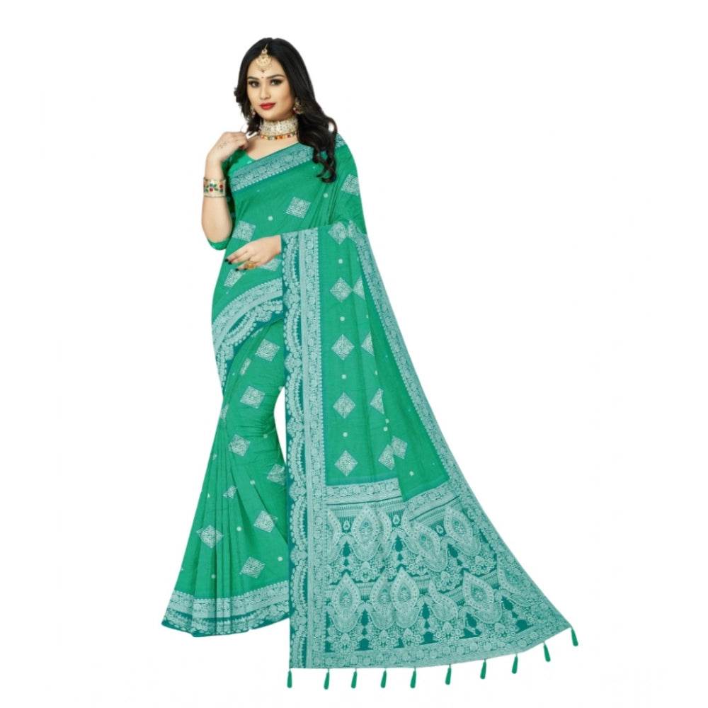 Generic Women's Cotton Printed Saree With Unstitched Blouse 5.5Mtr (Rama) - MYLUXURY LANE ENTERPRISE