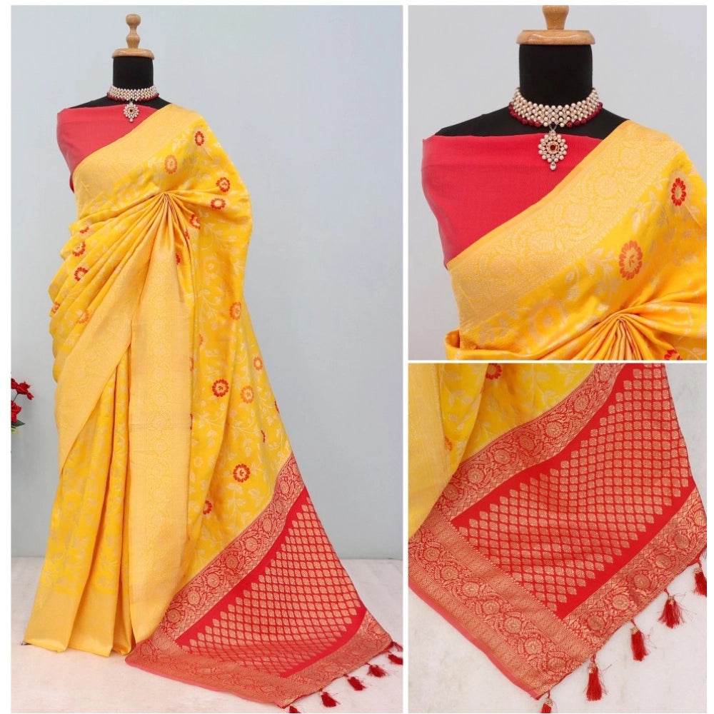 Generic Women's Banarasi Printed Saree With Unstitched Blouse 5.5Mtr (Yellow) - MYLUXURY LANE ENTERPRISE