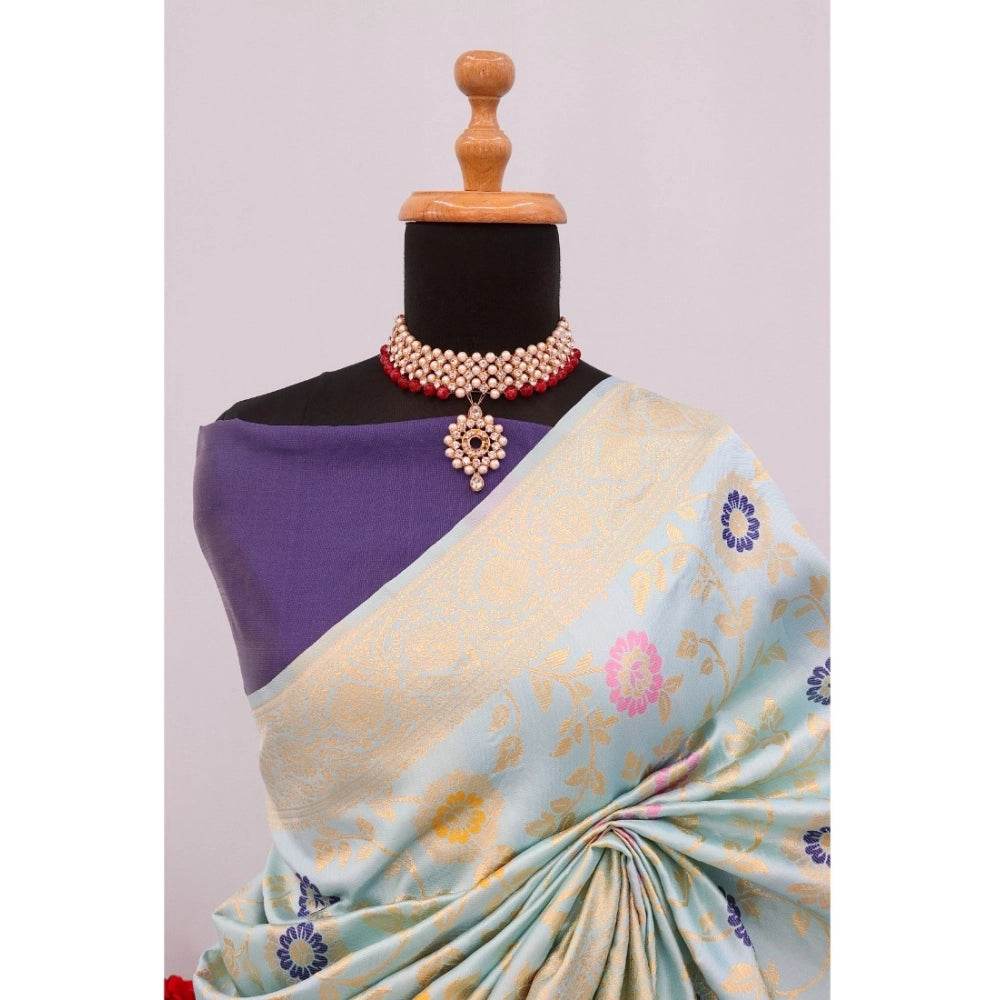 Generic Women's Banarasi Printed Saree With Unstitched Blouse 5.5Mtr (Firozi) - MYLUXURY LANE ENTERPRISE