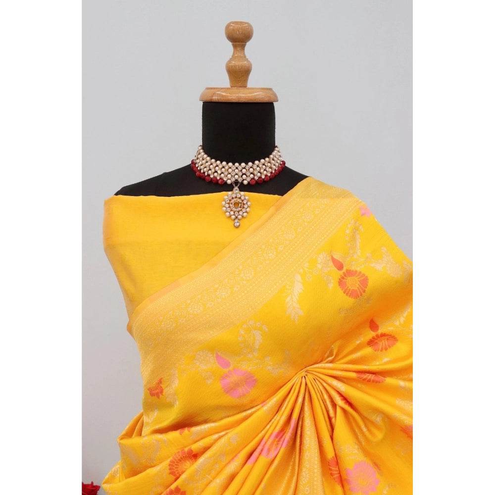Generic Women's Banarasi Printed Saree With Unstitched Blouse 5.5Mtr (Yellow) - MYLUXURY LANE ENTERPRISE