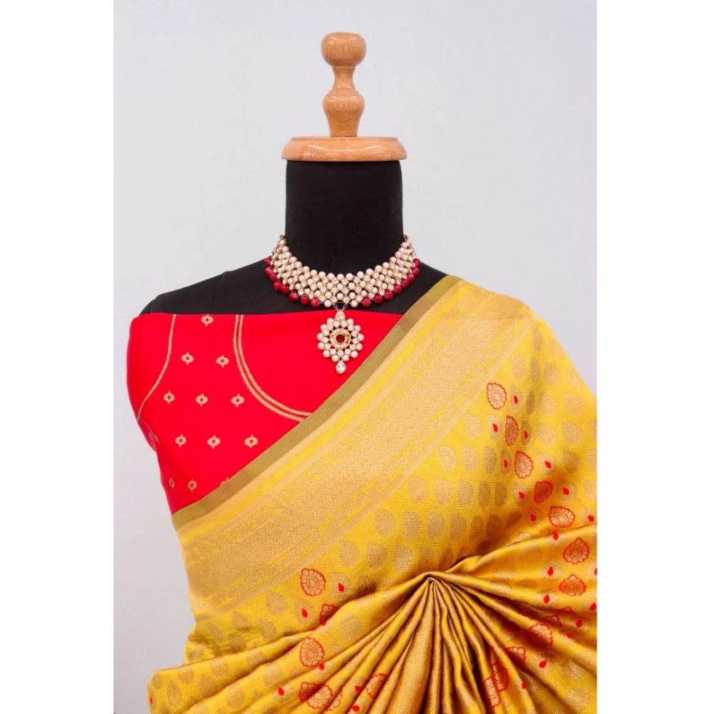 Generic Women's Banarasi Printed Saree With Unstitched Blouse 5.5Mtr (Yellow) - MYLUXURY LANE ENTERPRISE