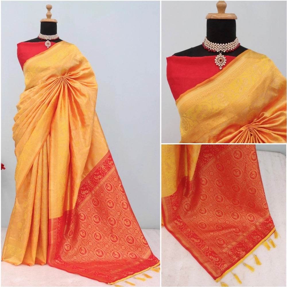 Generic Women's Banarasi Printed Saree With Unstitched Blouse 5.5Mtr (Yellow) - MYLUXURY LANE ENTERPRISE