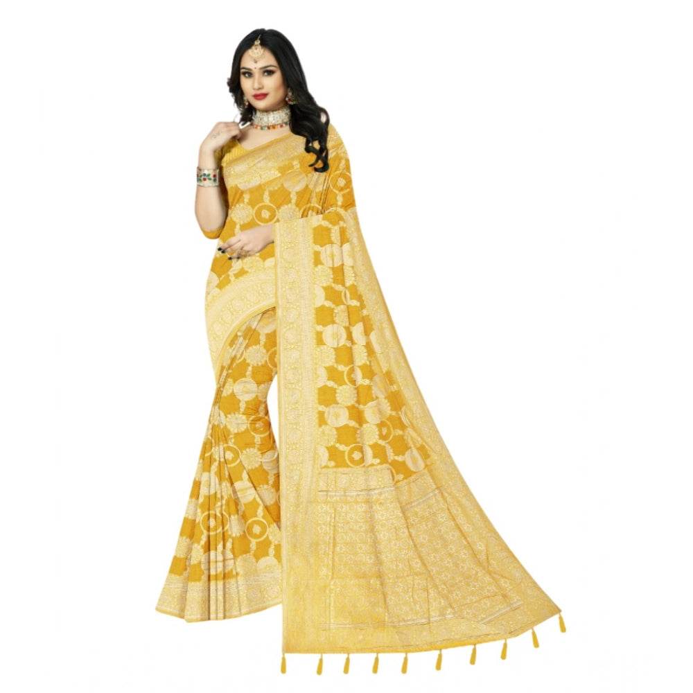 Generic Women's Cotton Printed Saree With Unstitched Blouse 5.5Mtr (Yellow) - MYLUXURY LANE ENTERPRISE