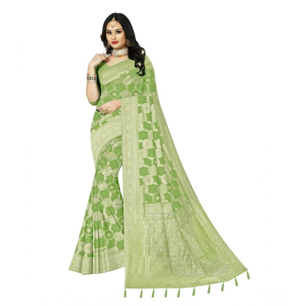Generic Women's Cotton Printed Saree With Unstitched Blouse 5.5Mtr (Green) - MYLUXURY LANE ENTERPRISE