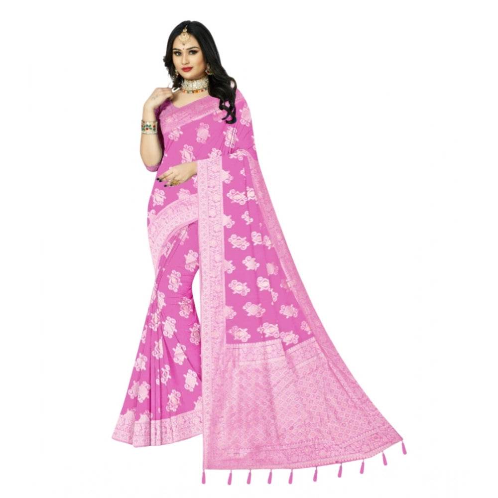 Generic Women's Cotton Printed Saree With Unstitched Blouse 5.5Mtr (Pink) - MYLUXURY LANE ENTERPRISE