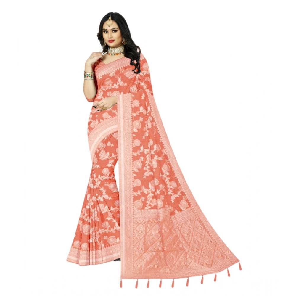 Generic Women's Cotton Printed Saree With Unstitched Blouse 5.5Mtr (Orange) - MYLUXURY LANE ENTERPRISE