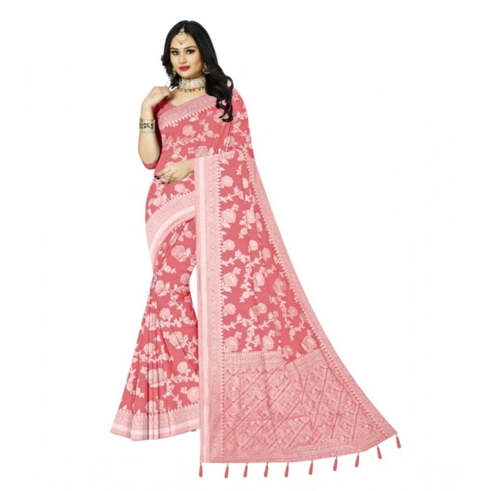 Generic Women's Cotton Printed Saree With Unstitched Blouse 5.5Mtr (Peach) - MYLUXURY LANE ENTERPRISE