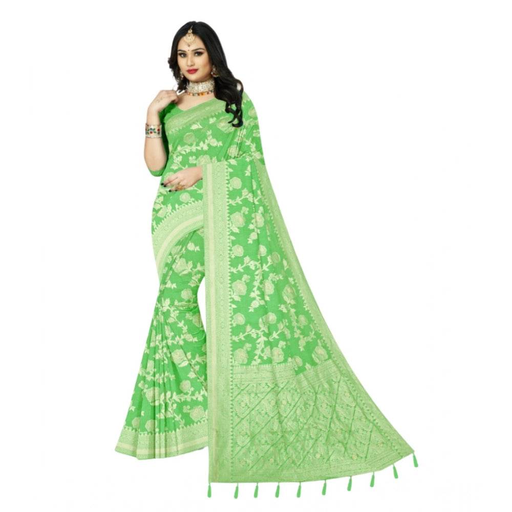 Generic Women's Cotton Printed Saree With Unstitched Blouse 5.5Mtr (Green) - MYLUXURY LANE ENTERPRISE