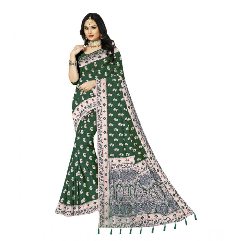 Generic Women's Satin Printed Saree With Unstitched Blouse 5.5Mtr (Green) - MYLUXURY LANE ENTERPRISE
