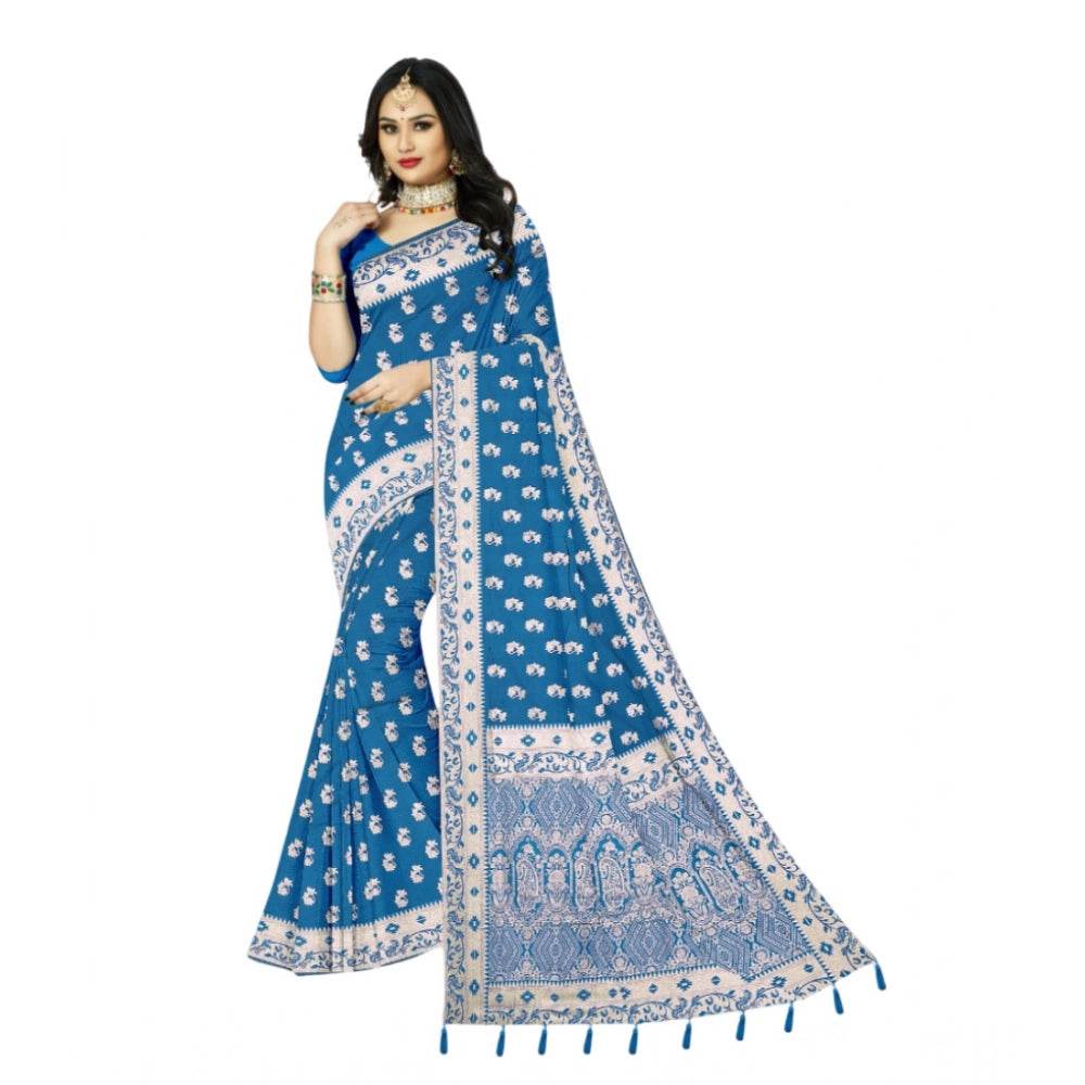 Generic Women's Satin Printed Saree With Unstitched Blouse 5.5Mtr (Aqua Blue) - MYLUXURY LANE ENTERPRISE