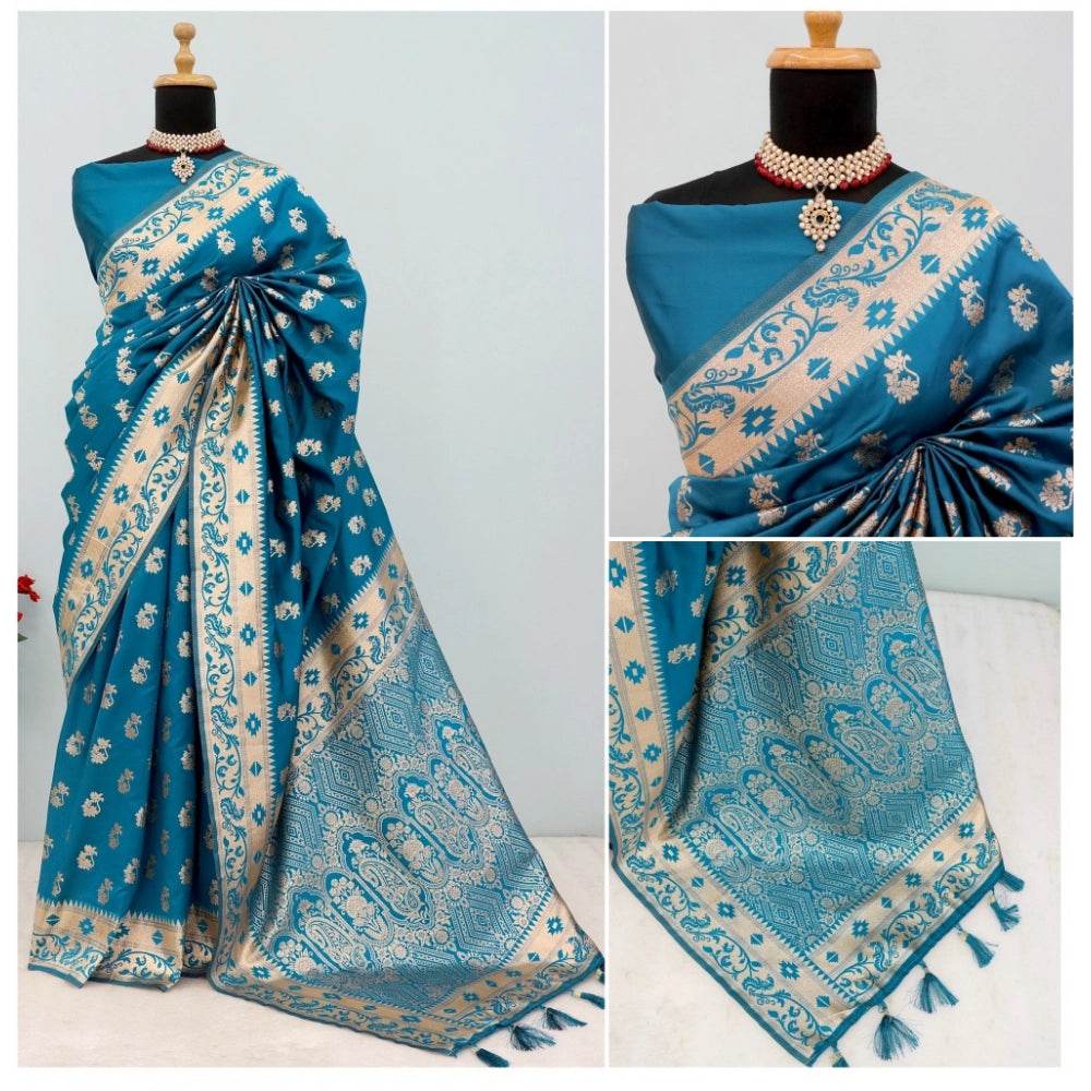 Generic Women's Satin Printed Saree With Unstitched Blouse 5.5Mtr (Aqua Blue) - MYLUXURY LANE ENTERPRISE
