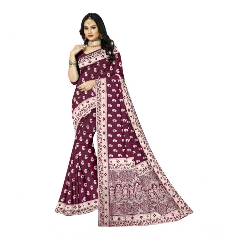 Generic Women's Satin Printed Saree With Unstitched Blouse 5.5Mtr (Brown) - MYLUXURY LANE ENTERPRISE