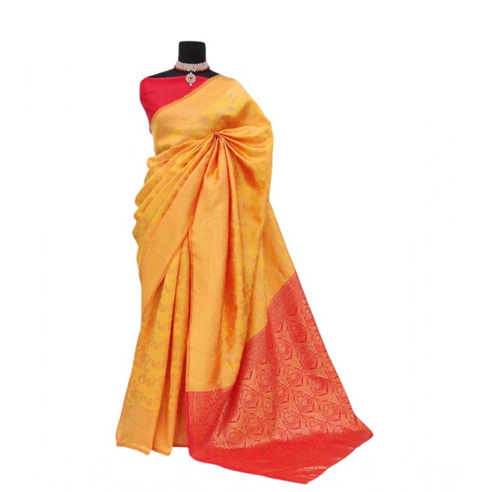 Generic Women's Banarasi Printed Saree With Unstitched Blouse 5.5Mtr (Yellow) - MYLUXURY LANE ENTERPRISE