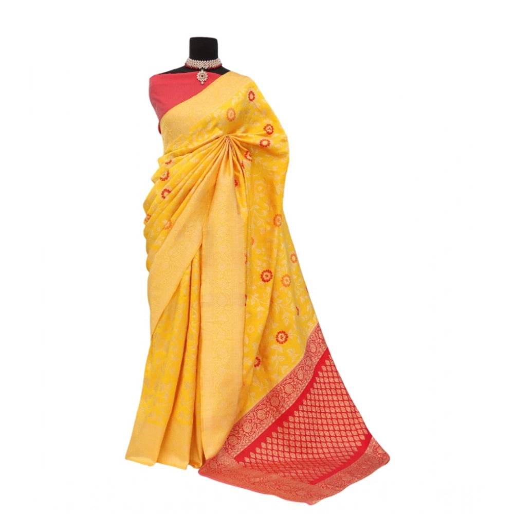 Generic Women's Banarasi Printed Saree With Unstitched Blouse 5.5Mtr (Yellow) - MYLUXURY LANE ENTERPRISE