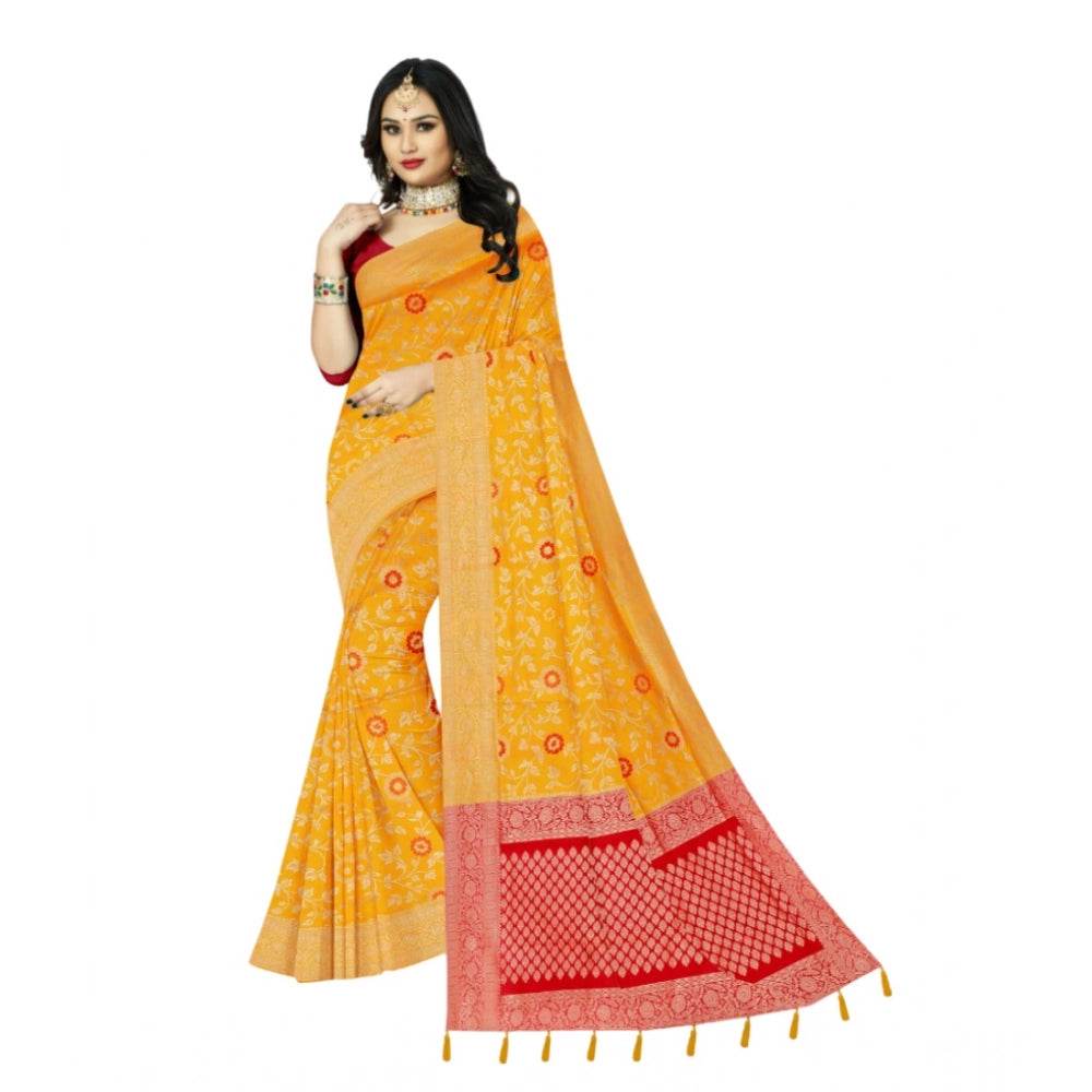 Generic Women's Banarasi Printed Saree With Unstitched Blouse 5.5Mtr (Yellow) - MYLUXURY LANE ENTERPRISE