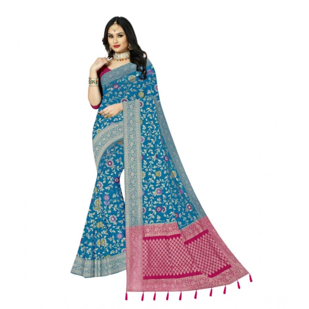Generic Women's Banarasi Printed Saree With Unstitched Blouse 5.5Mtr (Aqua Blue) - MYLUXURY LANE ENTERPRISE