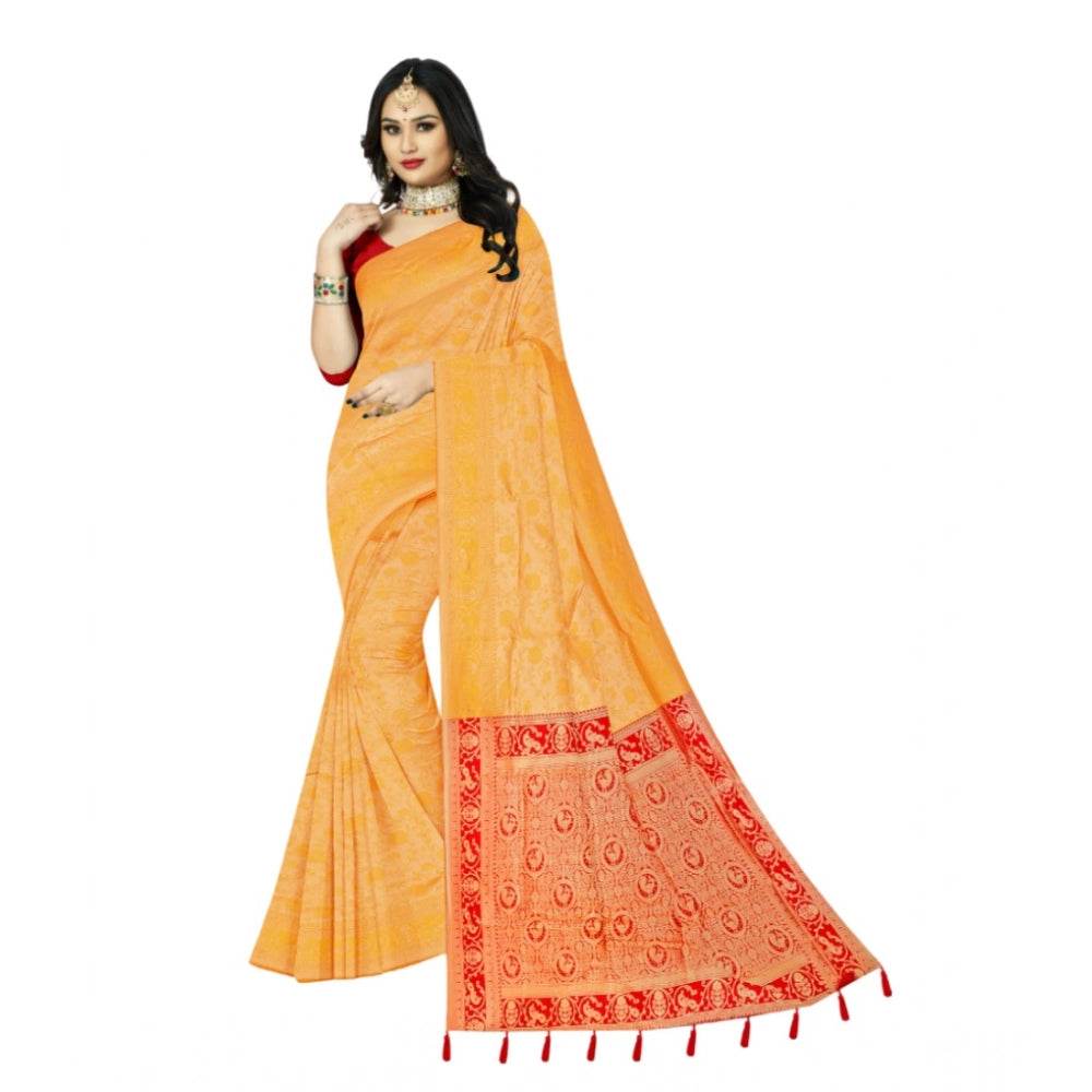 Generic Women's Banarasi Printed Saree With Unstitched Blouse 5.5Mtr (Yellow) - MYLUXURY LANE ENTERPRISE