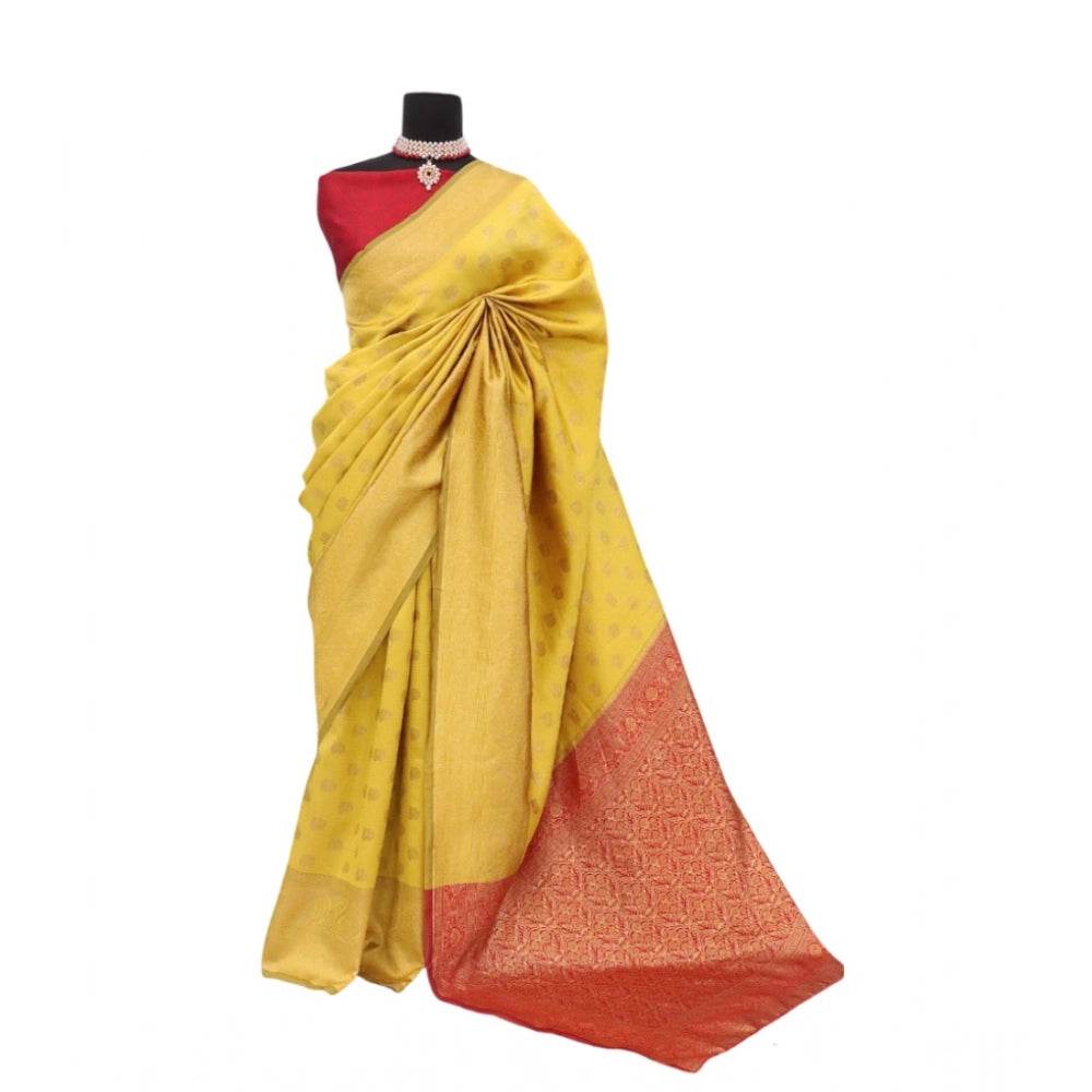 Generic Women's Banarasi Printed Saree With Unstitched Blouse 5.5Mtr (Yellow) - MYLUXURY LANE ENTERPRISE