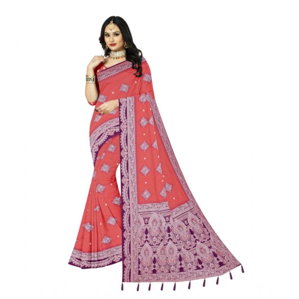 Generic Women's Cotton Printed Saree With Unstitched Blouse 5.5Mtr (Peach) - MYLUXURY LANE ENTERPRISE