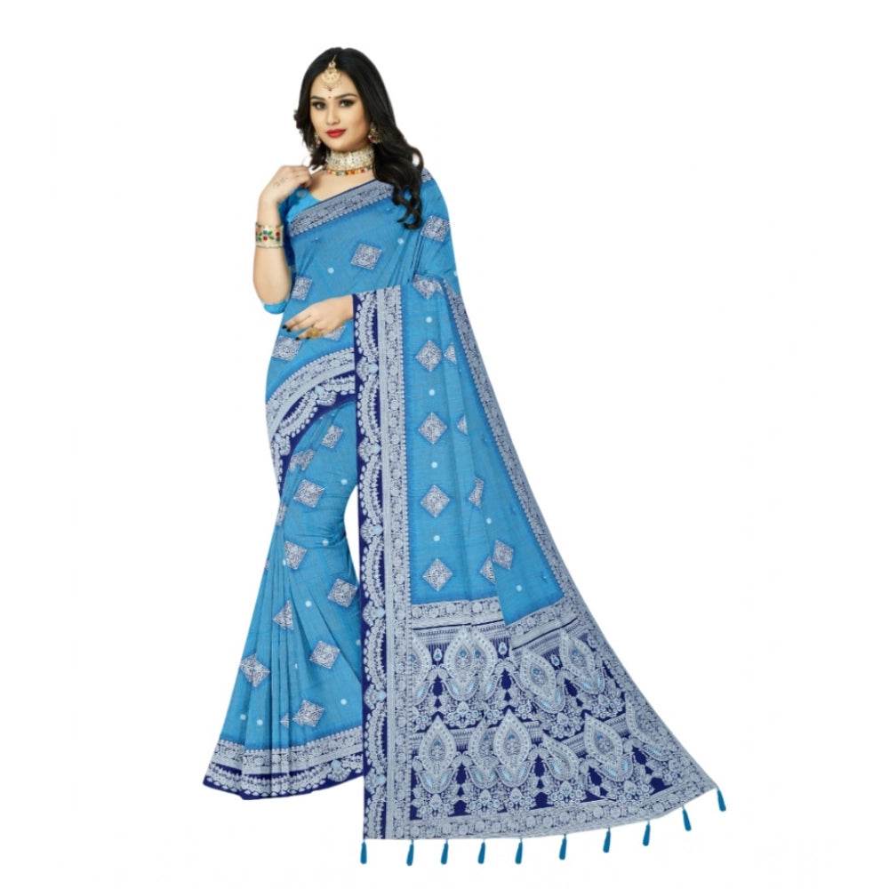 Generic Women's Cotton Printed Saree With Unstitched Blouse 5.5Mtr (Firozi) - MYLUXURY LANE ENTERPRISE