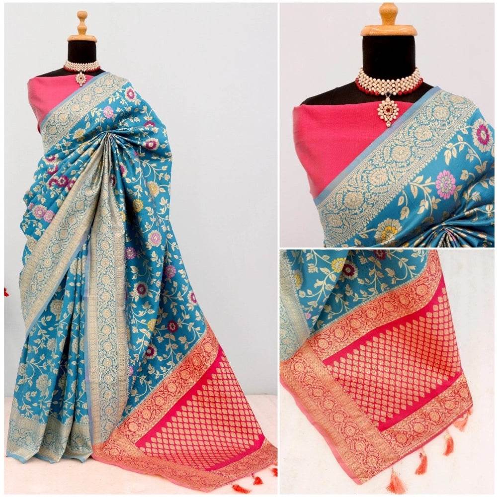 Generic Women's Banarasi Printed Saree With Unstitched Blouse 5.5Mtr (Aqua Blue) - MYLUXURY LANE ENTERPRISE