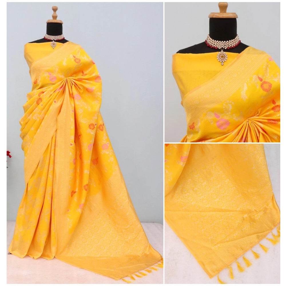 Generic Women's Banarasi Printed Saree With Unstitched Blouse 5.5Mtr (Yellow) - MYLUXURY LANE ENTERPRISE