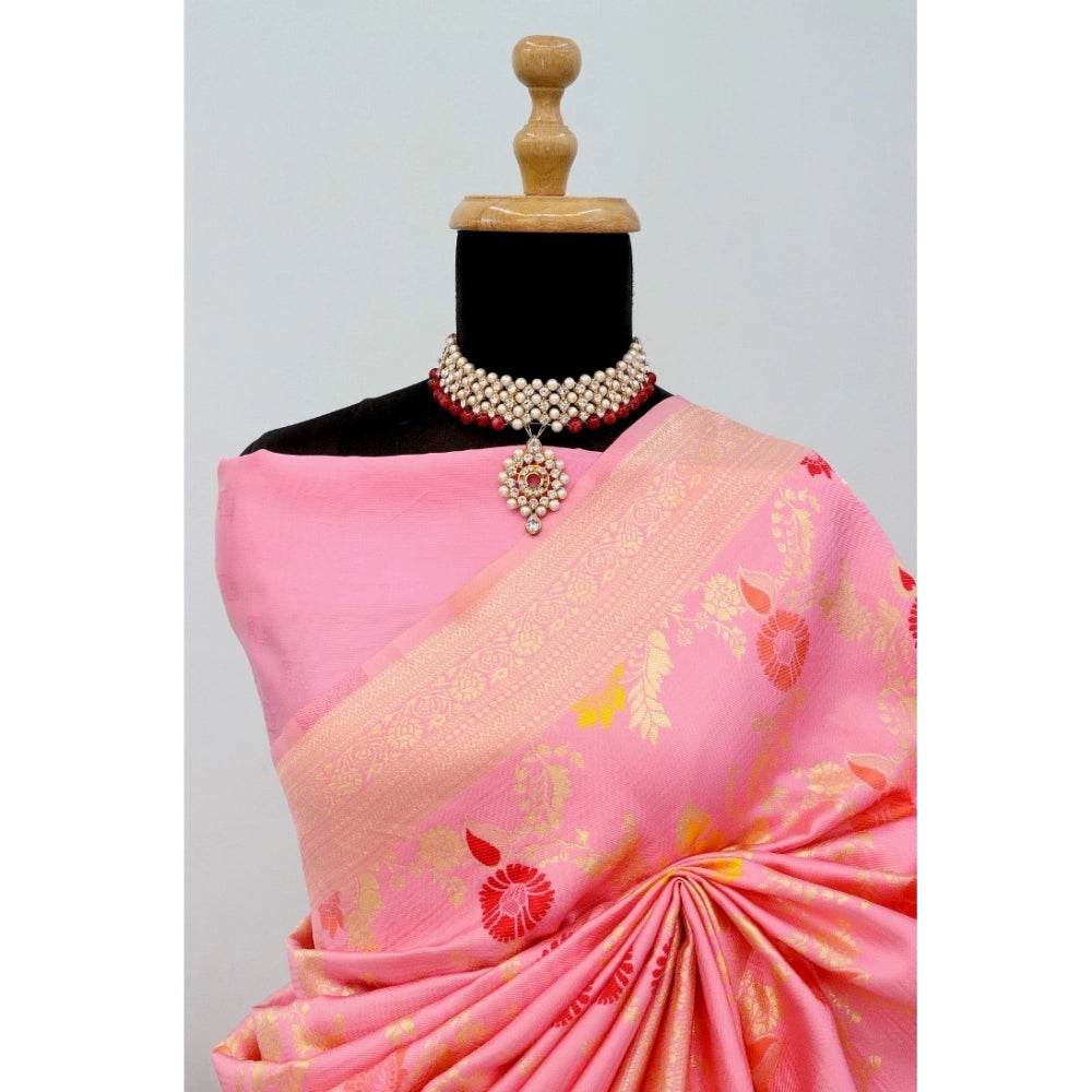 Generic Women's Banarasi Printed Saree With Unstitched Blouse 5.5Mtr (Pink) - MYLUXURY LANE ENTERPRISE