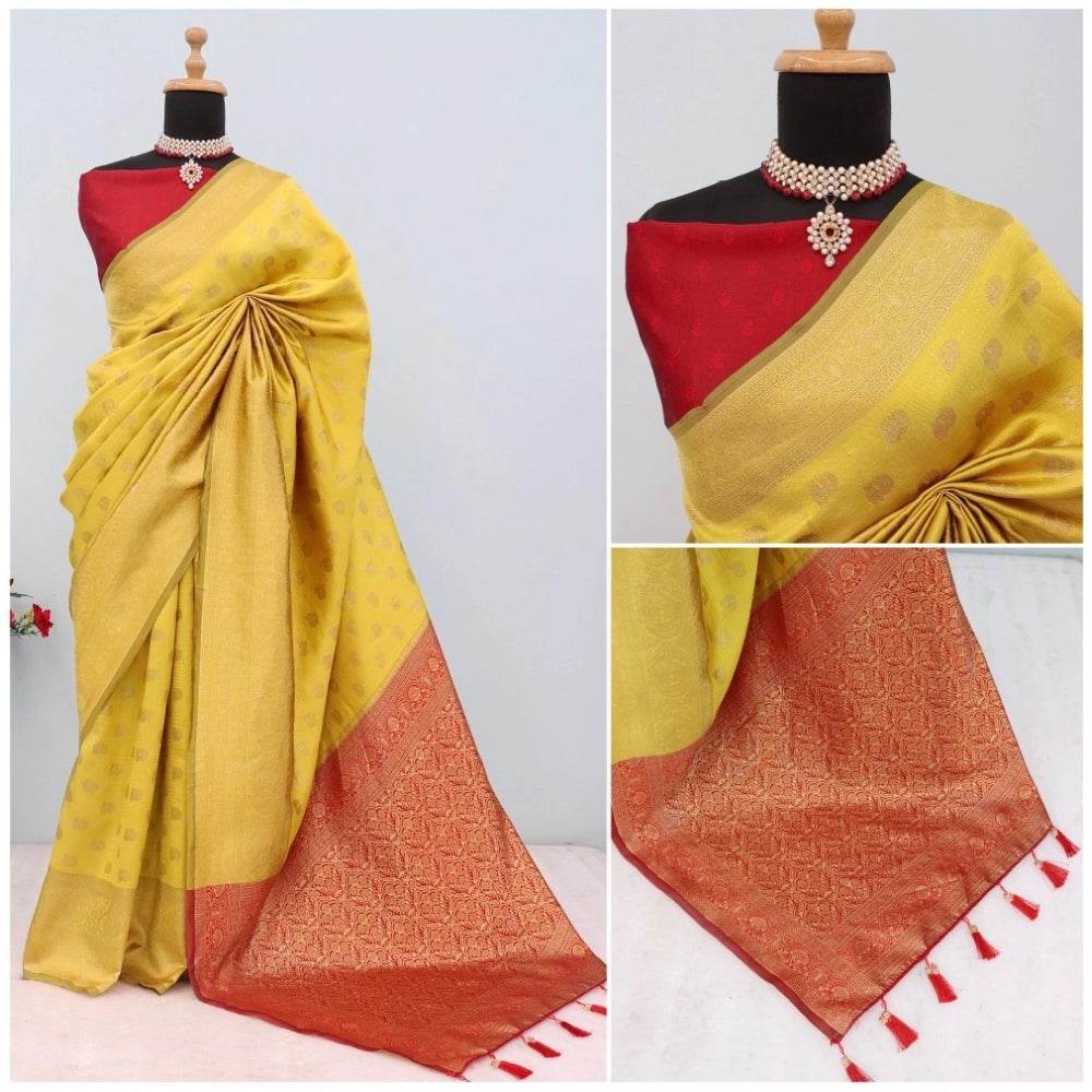 Generic Women's Banarasi Printed Saree With Unstitched Blouse 5.5Mtr (Yellow) - MYLUXURY LANE ENTERPRISE