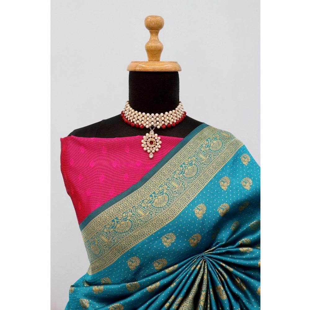 Generic Women's Banarasi Printed Saree With Unstitched Blouse 5.5Mtr (Aqua Blue) - MYLUXURY LANE ENTERPRISE