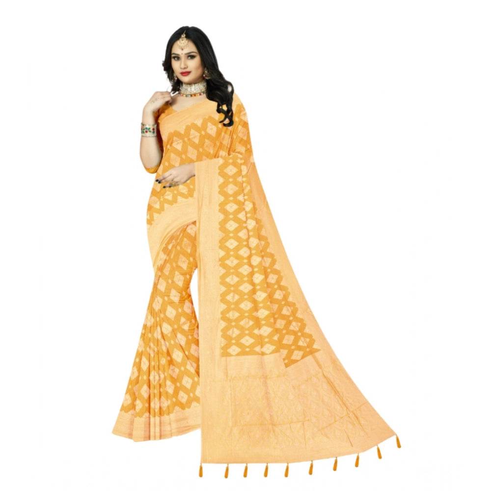 Generic Women's Cotton Printed Saree With Unstitched Blouse 5.5Mtr (Yellow) - MYLUXURY LANE ENTERPRISE