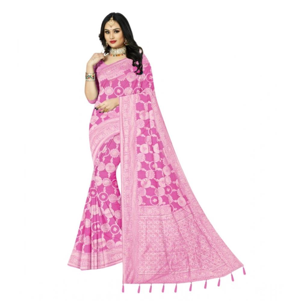 Generic Women's Cotton Printed Saree With Unstitched Blouse 5.5Mtr (Pink) - MYLUXURY LANE ENTERPRISE