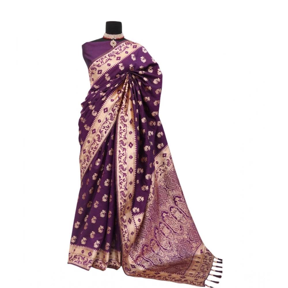 Generic Women's Satin Printed Saree With Unstitched Blouse 5.5Mtr (Purple) - MYLUXURY LANE ENTERPRISE