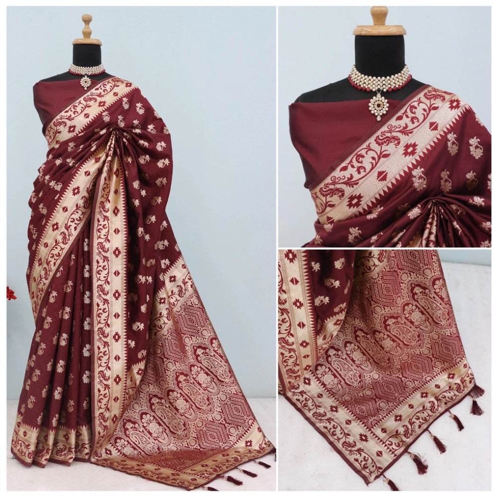 Generic Women's Satin Printed Saree With Unstitched Blouse 5.5Mtr (Brown) - MYLUXURY LANE ENTERPRISE