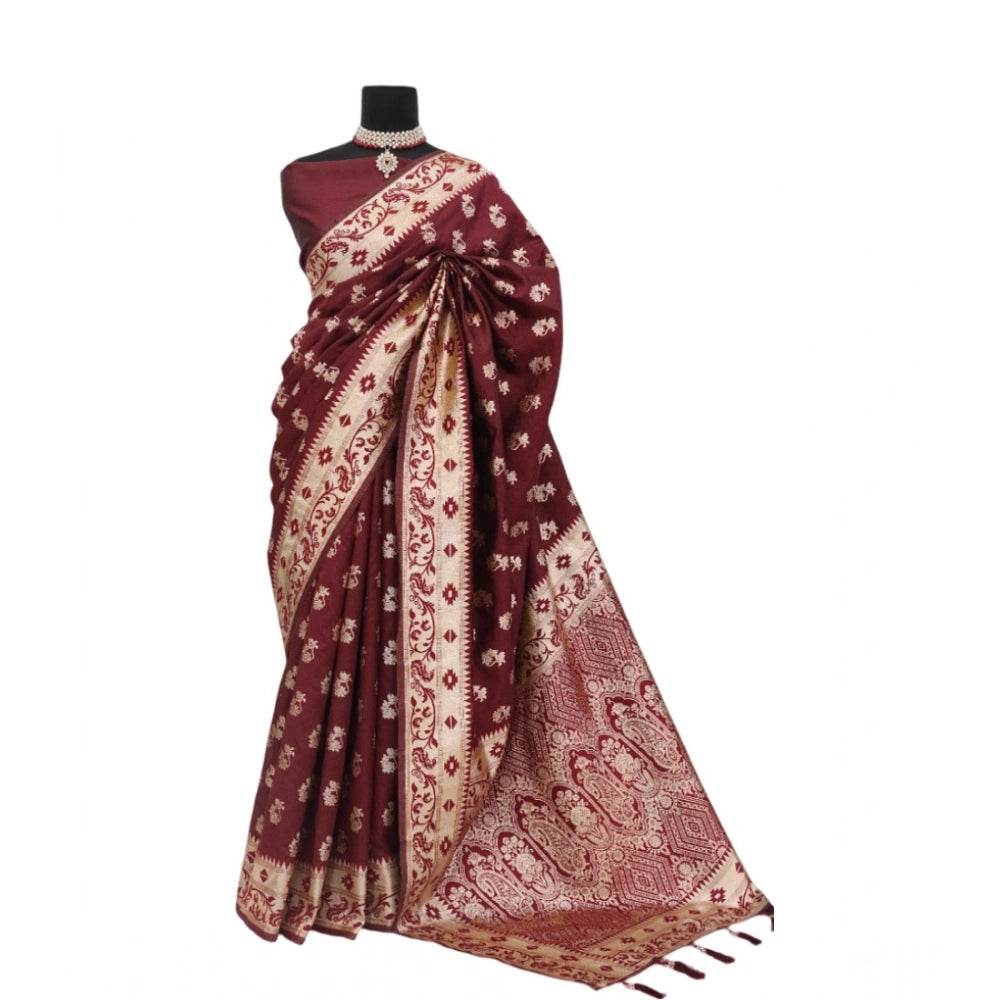 Generic Women's Satin Printed Saree With Unstitched Blouse 5.5Mtr (Brown) - MYLUXURY LANE ENTERPRISE
