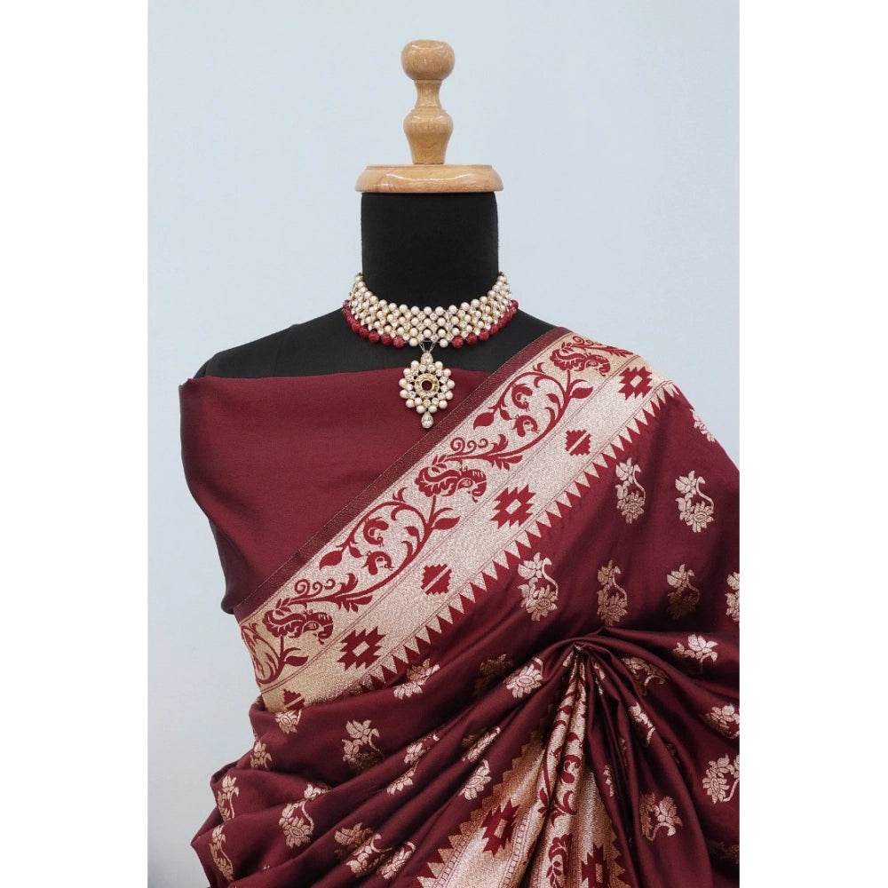 Generic Women's Satin Printed Saree With Unstitched Blouse 5.5Mtr (Brown) - MYLUXURY LANE ENTERPRISE