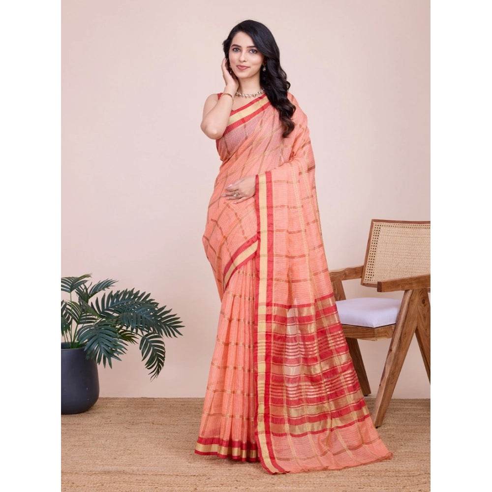 Generic Women's Cotton Silk Checkered Kota Doria Saree With Unstitched Blouse (5.5Mtr, Peach) - MYLUXURY LANE ENTERPRISE