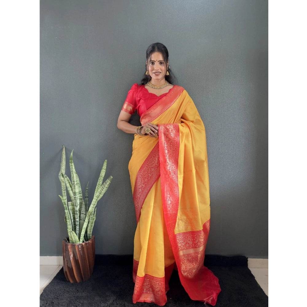 Generic Women's Silk Blend Woven Kanjivaram Saree With Unstitched Blouse (5.5Mtr, Yellow Red) - MYLUXURY LANE ENTERPRISE