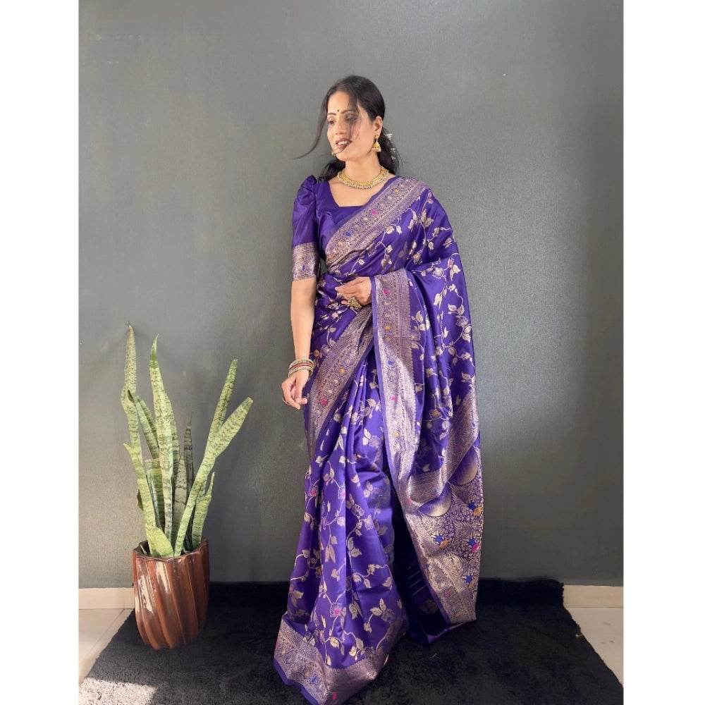 Generic Women's Silk Blend Woven Kanjivaram Saree With Unstitched Blouse (5.5Mtr, Purple) - MYLUXURY LANE ENTERPRISE