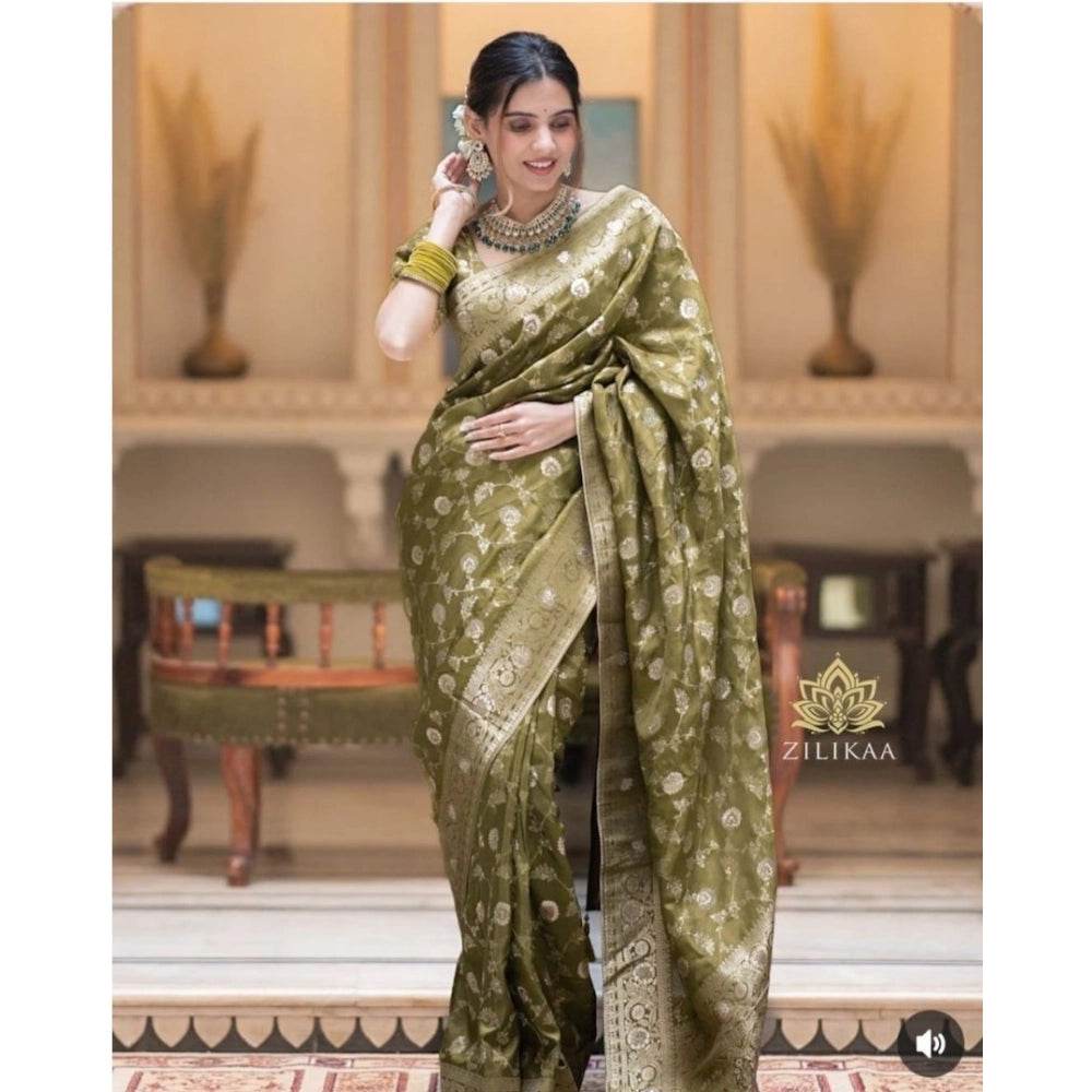 Generic Women's Silk Woven Kanjivaram Saree With Unstitched Blouse (5.5Mtr, Mehendi Green) - MYLUXURY LANE ENTERPRISE