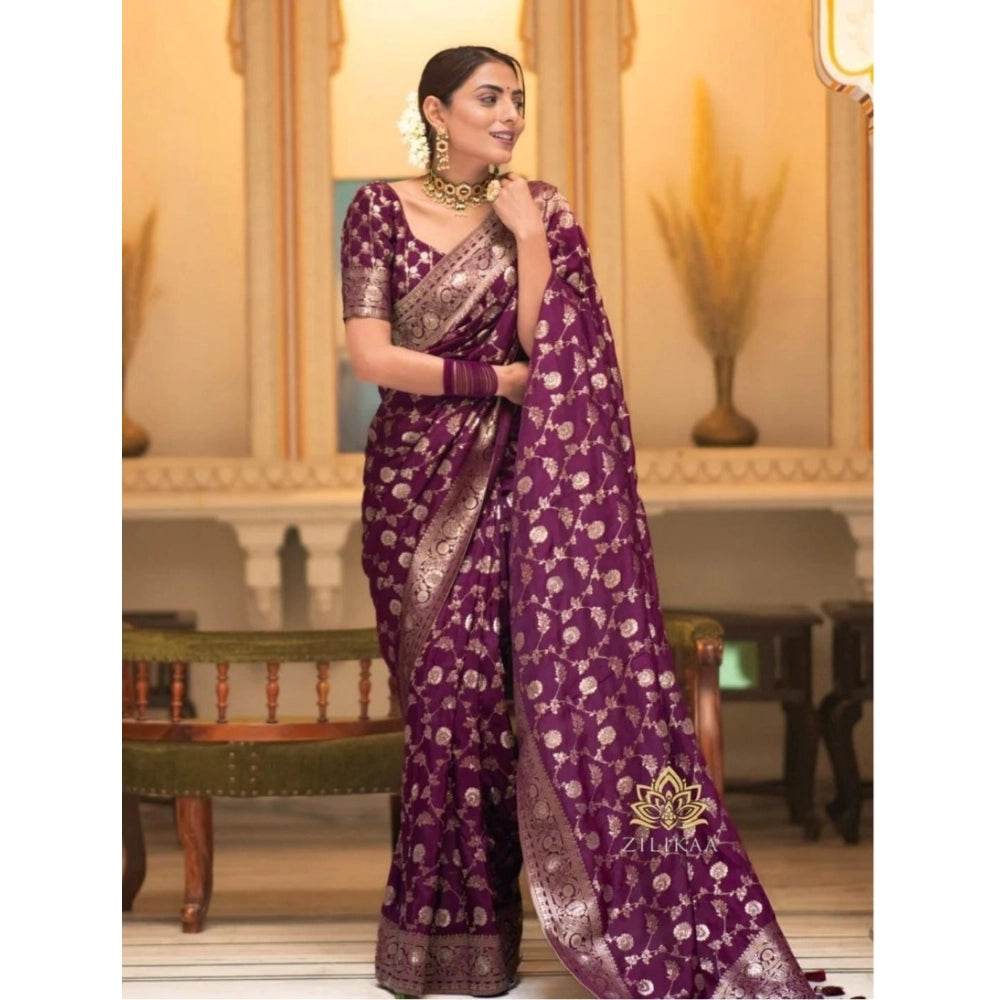Generic Women's Silk Woven Kanjivaram Saree With Unstitched Blouse (5.5Mtr, Dark Purple) - MYLUXURY LANE ENTERPRISE