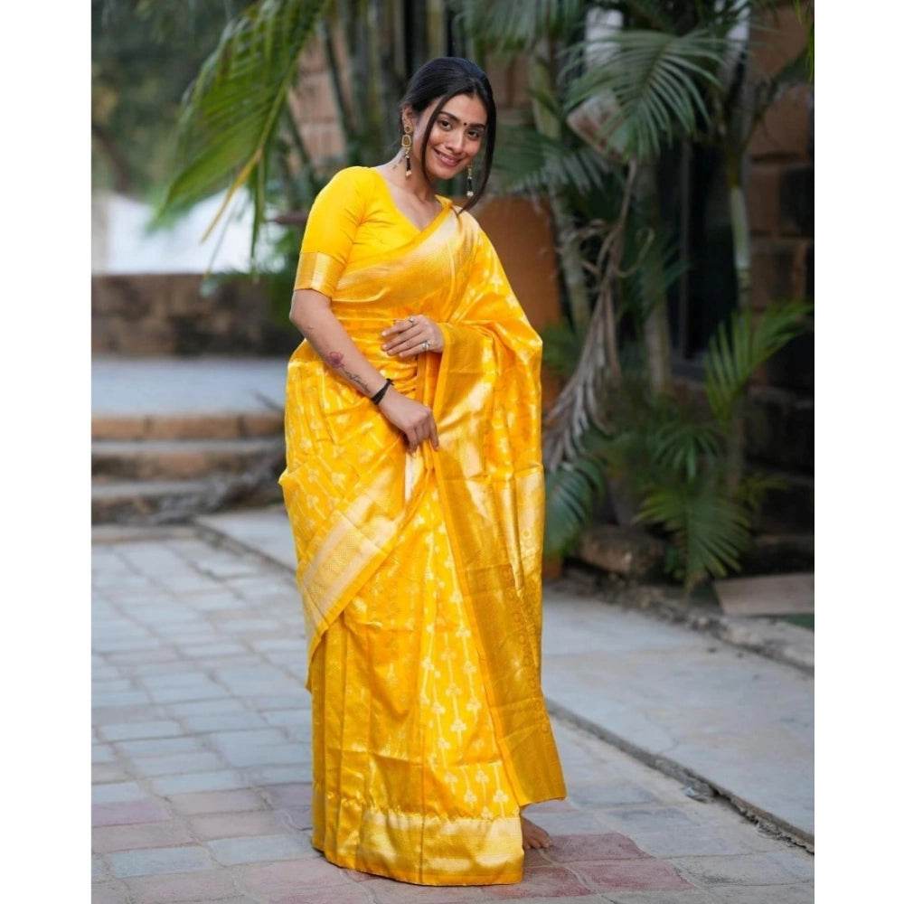 Generic Women's Silk Blend Self Design Banarasi Saree With Unstitched Blouse (5.5Mtr, Yellow) - MYLUXURY LANE ENTERPRISE