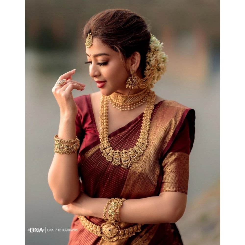 Generic Women's Silk Woven Kanjivaram Saree With Unstitched Blouse (5.5Mtr, Maroon) - MYLUXURY LANE ENTERPRISE