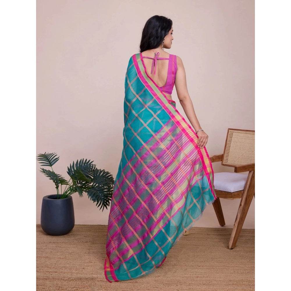 Generic Women's Cotton Silk Checkered Kota Doria Saree With Unstitched Blouse (5.5Mtr, Rama) - MYLUXURY LANE ENTERPRISE