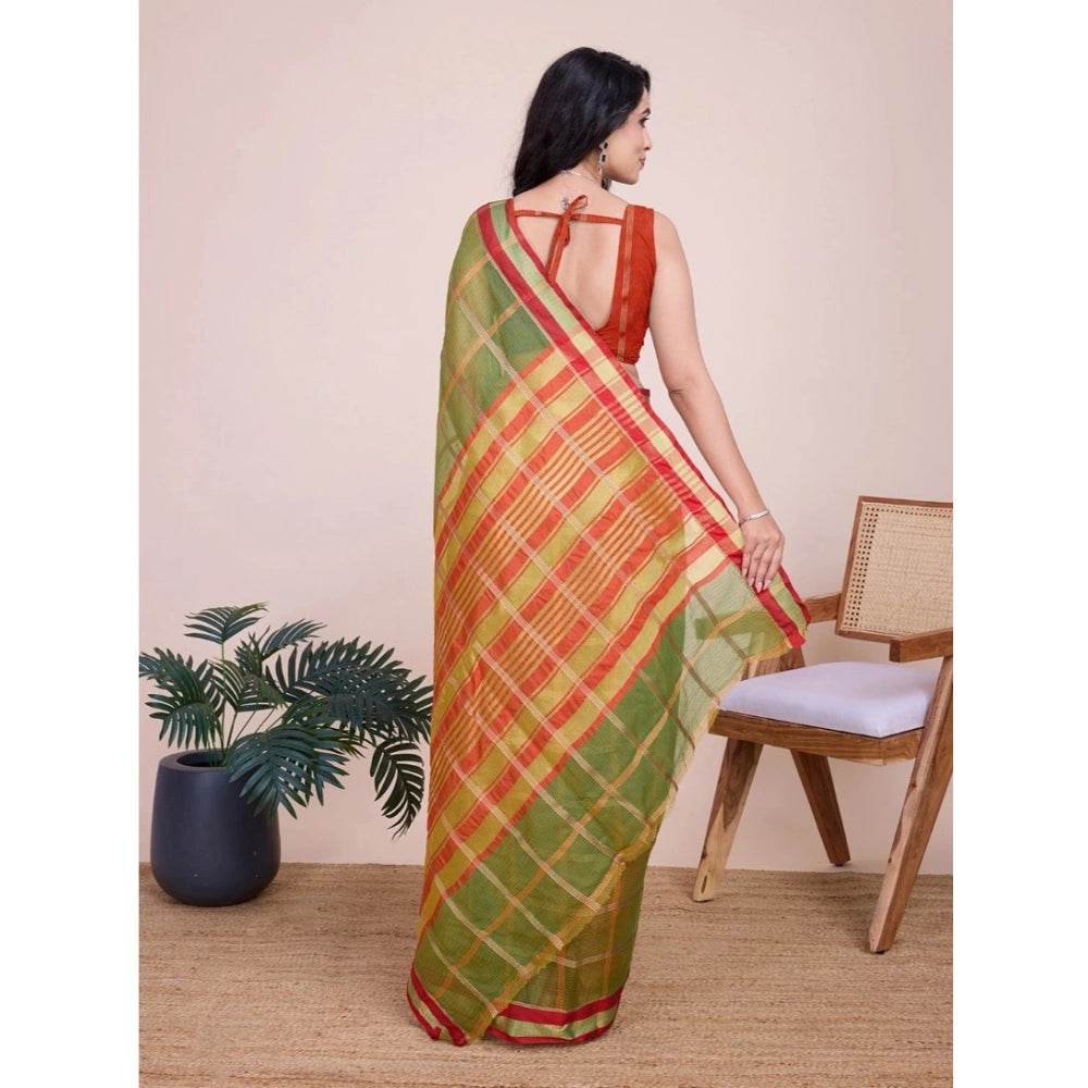 Generic Women's Cotton Silk Checkered Kota Doria Saree With Unstitched Blouse (5.5Mtr, Mehendi) - MYLUXURY LANE ENTERPRISE